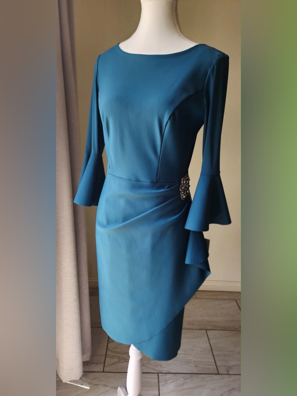 Alex Evenings Teal Long-Sleeve Sheath Dress with Brooch Accent